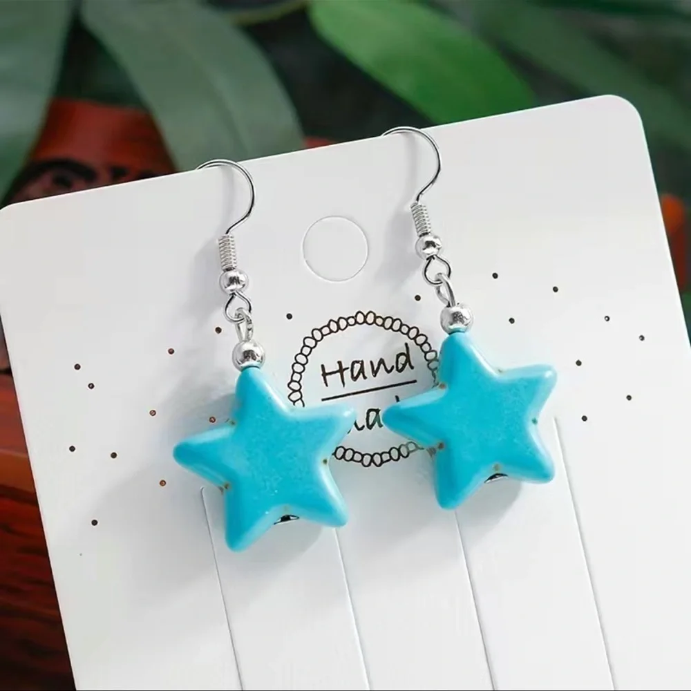 New Handmade S925 Sterling Silver Boheme Natural Turquoise Carved Star Earrings